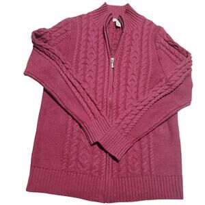 L.L.Bean Womens Wine Cabel Knit Zip Up Sweater Size Medium Cabincore Preppy